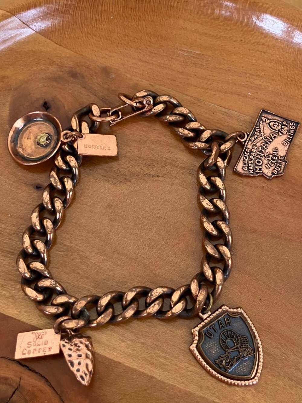 Vintage Copper Chain Charm Bracelet with 4 US State Souvenir Charms Utah Montana